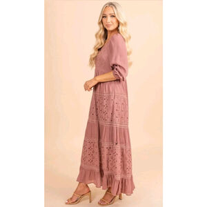 Listicle Mauve Ruched Tiered Eyelet Maxi Dress with Bishop Sleeves NWOT Size L